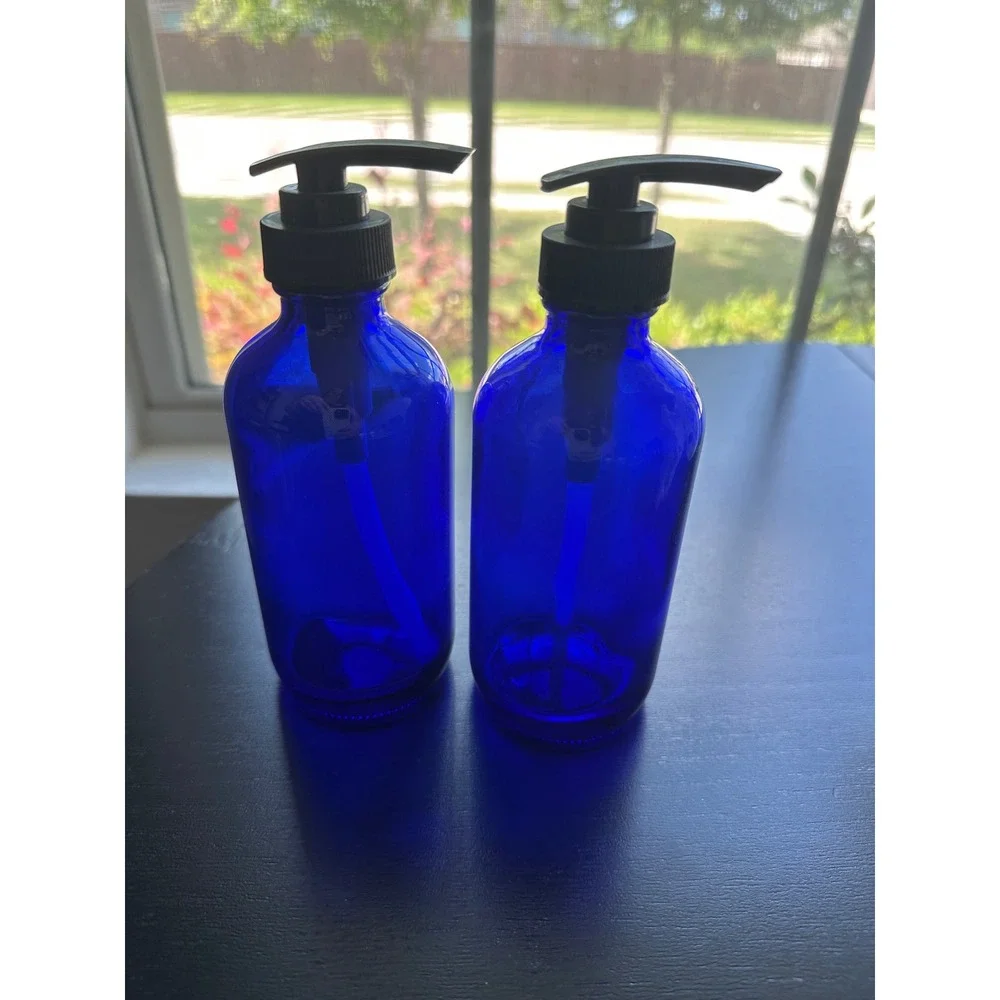 Set of 2 Cobalt Blue Glass Pump Bottles 8oz Lotion Soap Dispenser Reusable